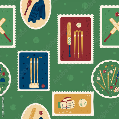 Cricket patchwork seamless pattern. Bento box repeat background. gloves, wicket bails, ball retro post stamps surface pattern design. Vector hand drawn flat illustration.