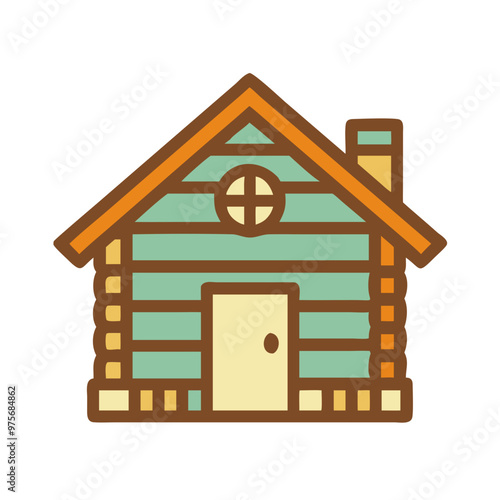 Stylized Wooden Cabin With A Chimney Icon, Digital Detox Theme, 1970s Color Palette, Transparent Background