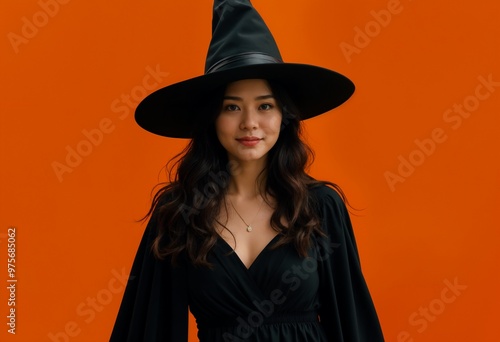 Halloween orange background with asian american female in witch costume