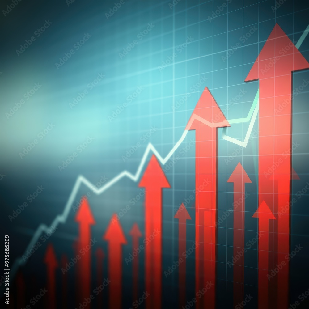 Red arrows pointing upwards against blurred blue and turquoise background, emphasizing growth, progress, success, achievement, stock market gain, rise, positive trends, aspiration, ambition Red arrows pointing upwards against blurred blue and turquoise background, emphasizing growth, progress, success, achievement, stock market gain, rise, positive trends, aspiration, ambition