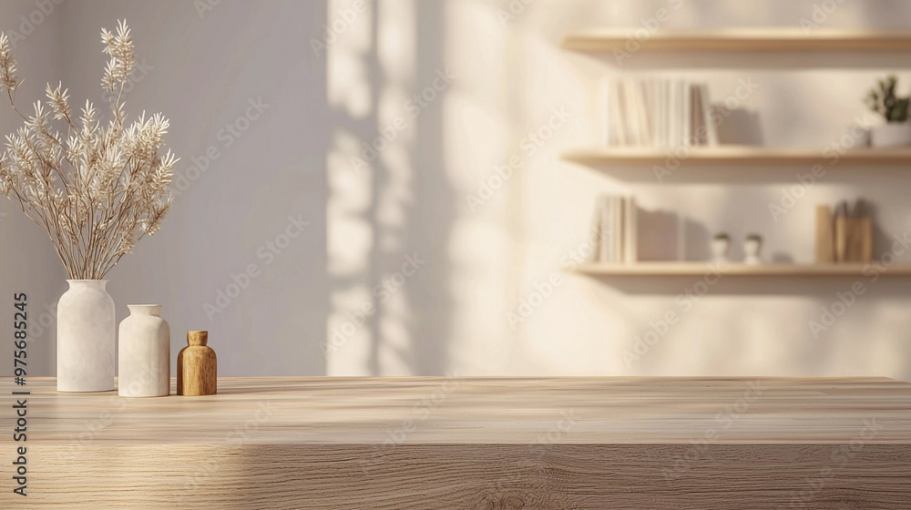 Wooden table with vase and bookshelf on blurred background. Horizontal mock up modern interior Wooden table with vase and bookshelf on blurred background. Horizontal mock up modern interior