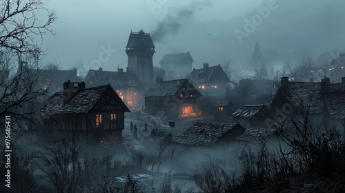 Haunting Shadows of a Cursed Village - Abandoned Houses and Eerie Silhouettes in the Fog