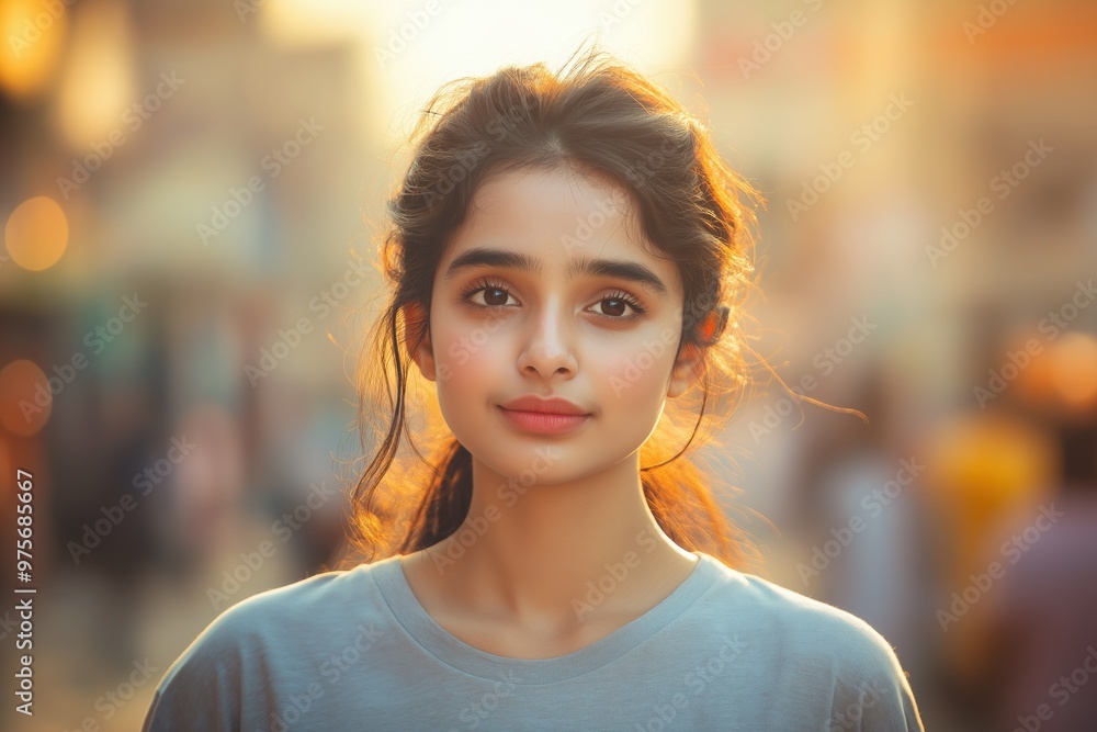 A close-up portrait of a young Pakistani woman wearing a casual t-shirt, with a blurred background. A close-up portrait of a young Pakistani woman wearing a casual t-shirt, with a blurred background.