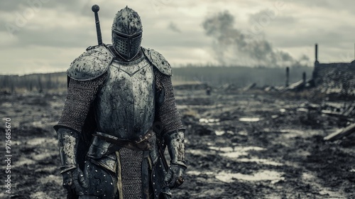 Resolute Knight Amidst Devastation - A brave medieval warrior stands strong on a war-torn battlefield strewn with wreckage and debris. photo