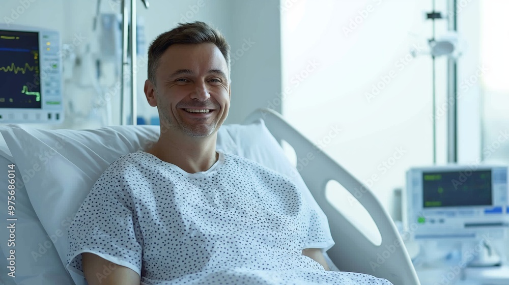Smiling Polish Man in Hospital Bed, Mid 40s, Medical Recovery, Healthcare, Diversity