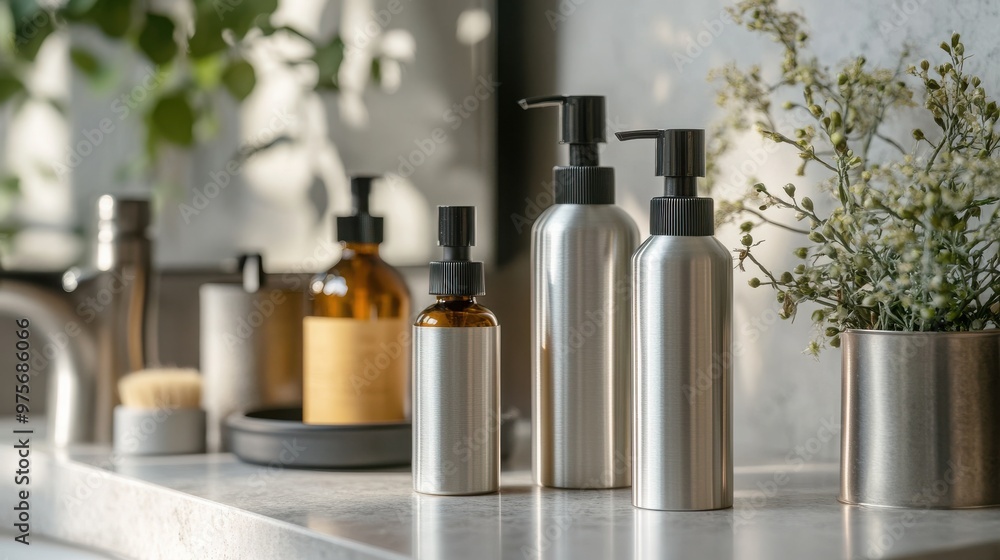 Organic haircare products in sleek aluminum bottles, elegantly arranged on a bathroom counter, illuminated by soft natural light, highlighting their eco-friendly appeal. Organic haircare products in sleek aluminum bottles, elegantly arranged on a bathroom counter, illuminated by soft natural light, highlighting their eco-friendly appeal.