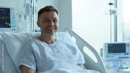 Obraz na płótnie Smiling Polish Man in Hospital Bed, Mid 40s, Medical Recovery, Healthcare, Diversity w salonie