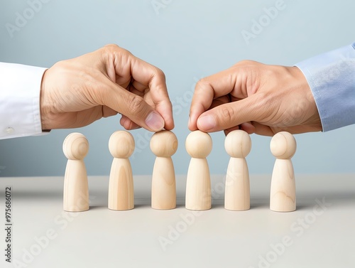 Wooden dolls being adjusted by hands, representing fine-tuning leadership roles under a gradient light. photo