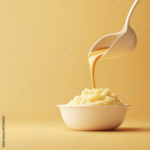 Gravy boat, pouring over mashed potatoes, 3D illustration, copy space for text, photo