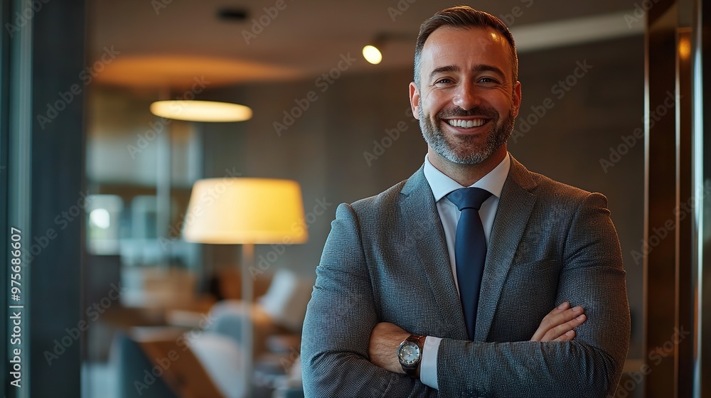 A professional HR manager, dressed in formal attire, smiling confidently while working in a modern corporate office A professional HR manager, dressed in formal attire, smiling confidently while working in a modern corporate office