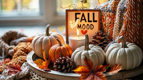 Footage A cozy autumn arrangement featuring pumpkins, pinecones, and fall leaves for seasonal decor.