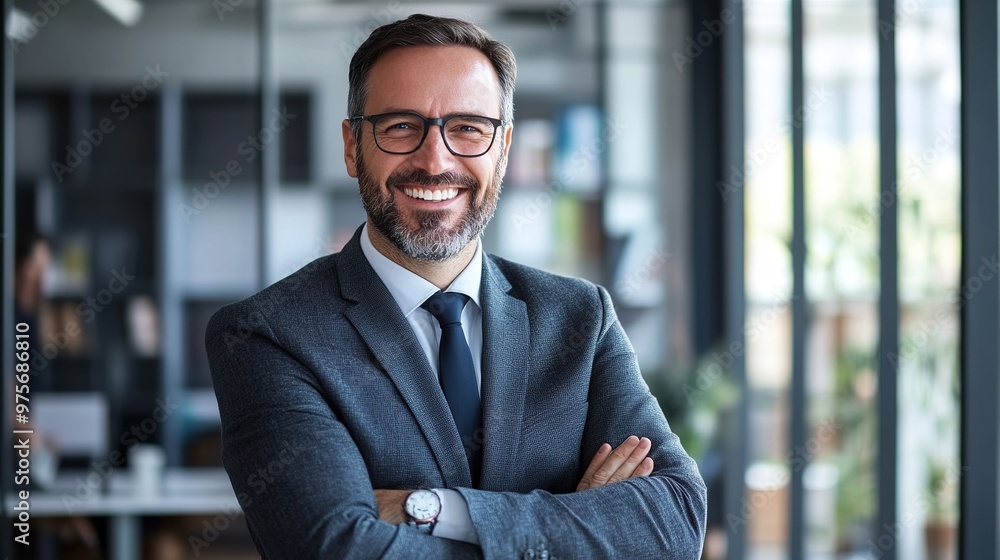 A professional HR manager, dressed in formal attire, smiling confidently while working in a modern corporate office A professional HR manager, dressed in formal attire, smiling confidently while working in a modern corporate office