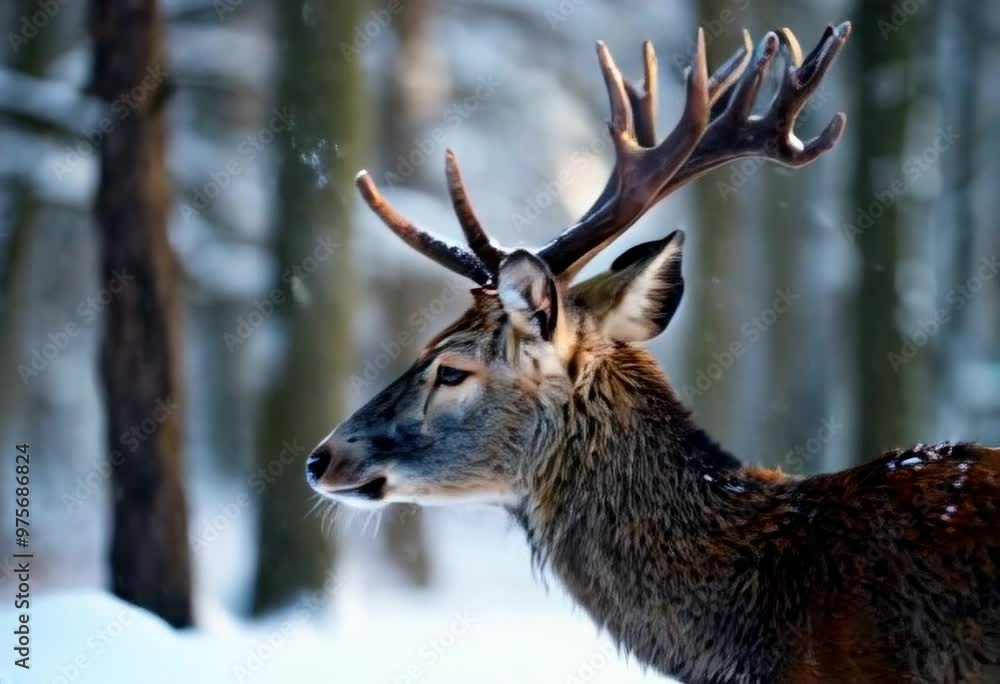 Deer walking through a snowy forest, highlighting the elegance and calm of this wild animal in its peaceful winter habitat Deer walking through a snowy forest, highlighting the elegance and calm of this wild animal in its peaceful winter habitat
