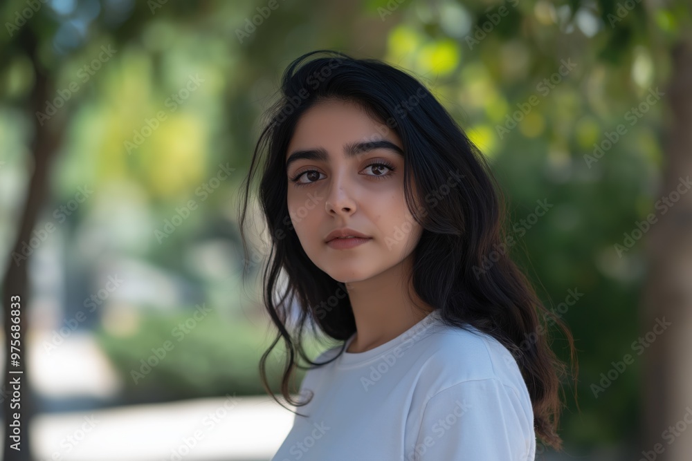 A close-up portrait of a young Pakistani woman wearing a casual t-shirt, with a blurred background. A close-up portrait of a young Pakistani woman wearing a casual t-shirt, with a blurred background.