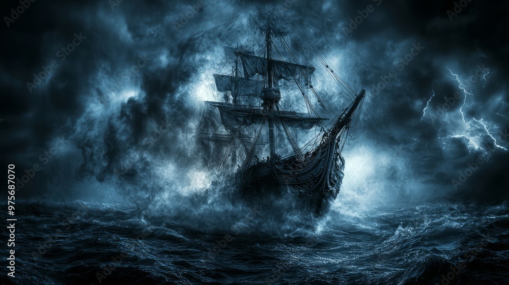 Ghostly Figures on Haunted Ship Sailing Through Dark Waters in Stormy Weather Ghostly Figures on Haunted Ship Sailing Through Dark Waters in Stormy Weather