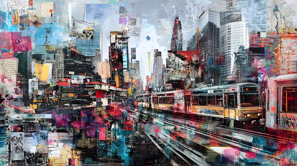 Vibrant Cityscape with Overlapping Skyscrapers Busy Traffic and Colorful Lights Vibrant Cityscape with Overlapping Skyscrapers Busy Traffic and Colorful Lights