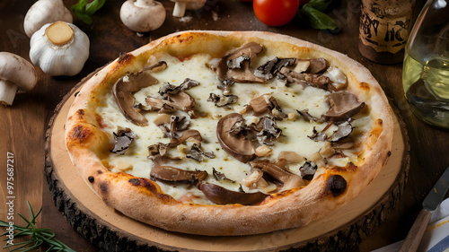 A pizza topped with roasted garlic, wild mushrooms, truffle oil, and fontina cheese, served on a rustic wooden pizza board.   photo