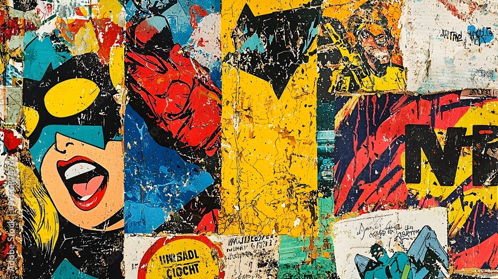 Fototapeta premium Vibrant Graffiti Inspired Abstract Art on Urban Wall with Textured Layers and Bold Colors