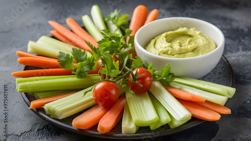 A plate of raw vegetable crudités including carrots, celery, and cherry tomatoes, served with a side of avocado dip. 