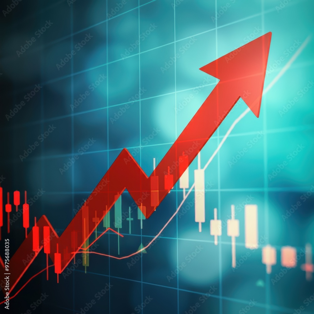 Red arrows pointing upwards against blurred blue and turquoise background, emphasizing growth, progress, success, achievement, stock market gain, rise, positive trends, aspiration, ambition Red arrows pointing upwards against blurred blue and turquoise background, emphasizing growth, progress, success, achievement, stock market gain, rise, positive trends, aspiration, ambition