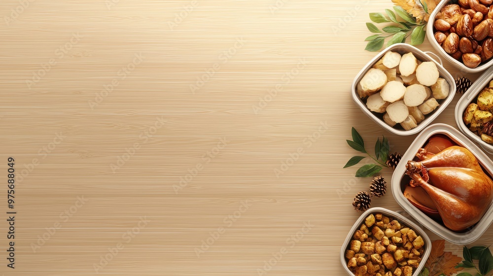 Thanksgiving leftovers, packed in containers, 3D illustration, copy space for text, Thanksgiving leftovers, packed in containers, 3D illustration, copy space for text,
