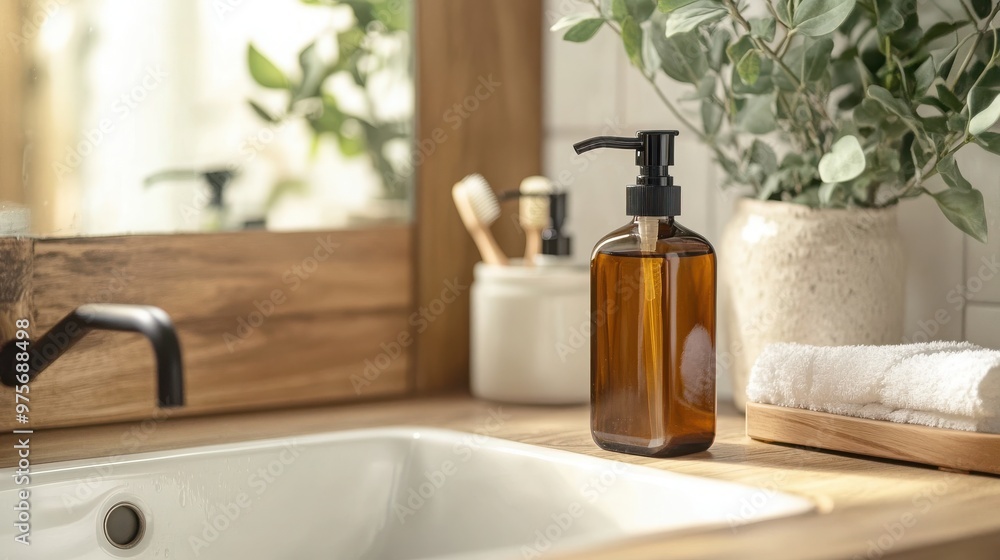 Organic hand soap in a refillable pump bottle, elegantly displayed on a bathroom sink, inviting freshness and sustainability with ample space for personalized text. Organic hand soap in a refillable pump bottle, elegantly displayed on a bathroom sink, inviting freshness and sustainability with ample space for personalized text.
