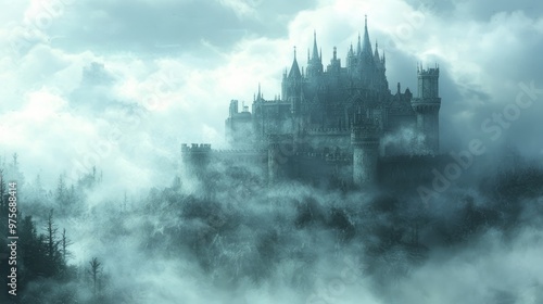 Enigmatic Medieval Castle Enshrouded in Mists with Looming Battlements Against the Sky