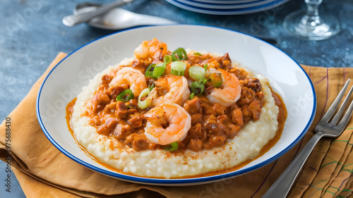 A platter of shrimp and grits with a spicy andouille sausage gravy, served with a garnish of scallions and a sprinkle of paprika. 