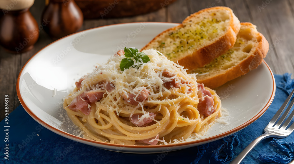 Fototapeta premium A serving of spaghetti carbonara with crispy pancetta, egg yolk, and Parmesan cheese, served with a side of garlic bread.