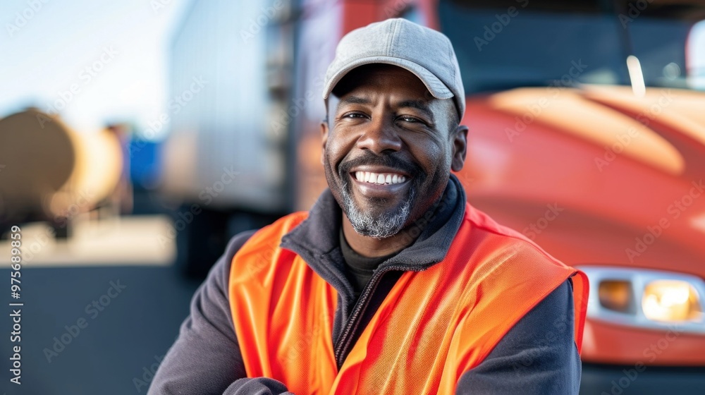 Portrait of confident truck driver on parking lot looking at camera. Copy space