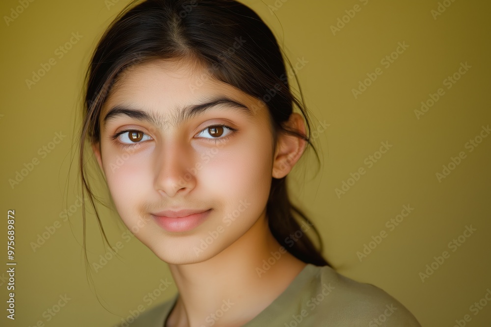 A studio close-up portrait of a young Pakistani woman wearing a casual t-shirt, with a colourful background. A studio close-up portrait of a young Pakistani woman wearing a casual t-shirt, with a colourful background.