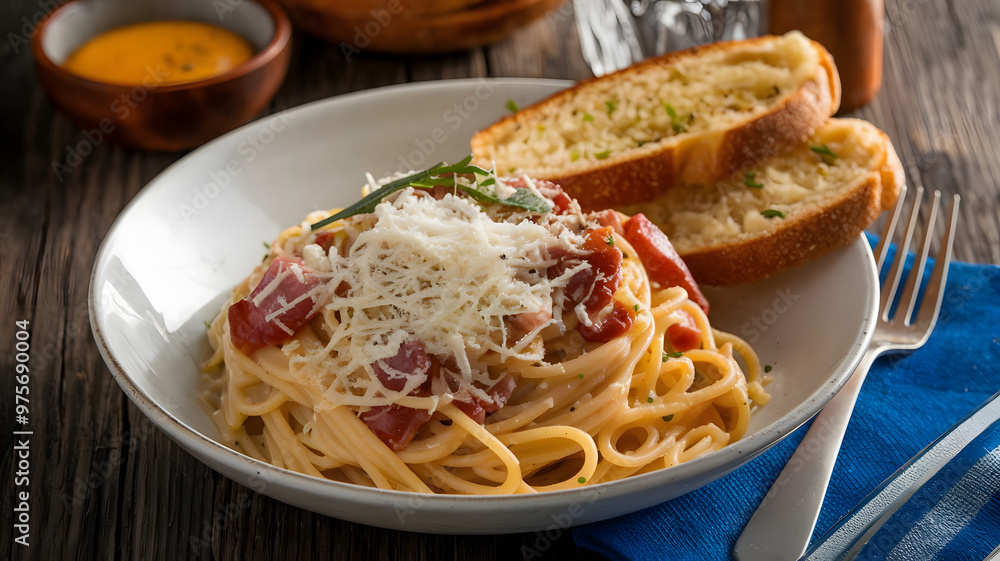 Fototapeta premium A serving of spaghetti carbonara with crispy pancetta, egg yolk, and Parmesan cheese, served with a side of garlic bread.