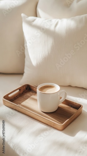 Cozy morning ritual with coffee on a wooden tray beside soft pillows
