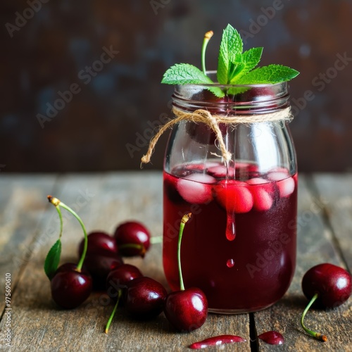 A glass jar filled with a vibrant red cherry beverage, freshly picked cherries scattered around, garnished with mint leaves on a rustic light background, summer refreshment, juice dripping down the si photo