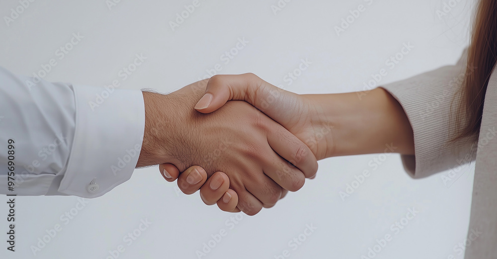 Close-up of a handshake isolated on a white background. A business person and a woman shaking hands in a successful deal Close-up of a handshake isolated on a white background. A business person and a woman shaking hands in a successful deal