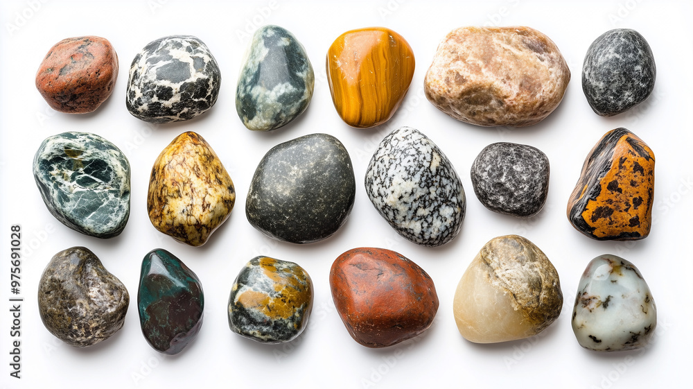 Colorful rock collection isolated on a white background, featuring various types of rocks with different colors and shapes Colorful rock collection isolated on a white background, featuring various types of rocks with different colors and shapes