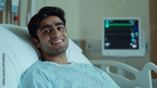 Young Pakistani Man Smiling While Lying in a Hospital Bed for Medical Care Concept, Health Awareness