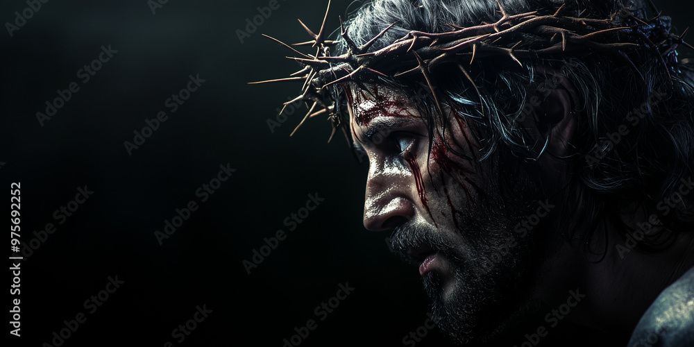 Dramatic portrait of Jesus wearing a crown of thorns, symbolizing suffering and sacrifice, with blood and shadows emphasizing the emotional intensity.
Dramatic portrait of Jesus wearing a crown of thorns, symbolizing suffering and sacrifice, with blood and shadows emphasizing the emotional intensity.