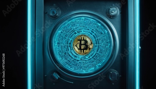 A Bitcoin coin is centered within a highly detailed, futuristic digital vault, surrounded by a glowing blue maze-like design. The image symbolizes the secure and innovative nature of cryptocurrency in photo