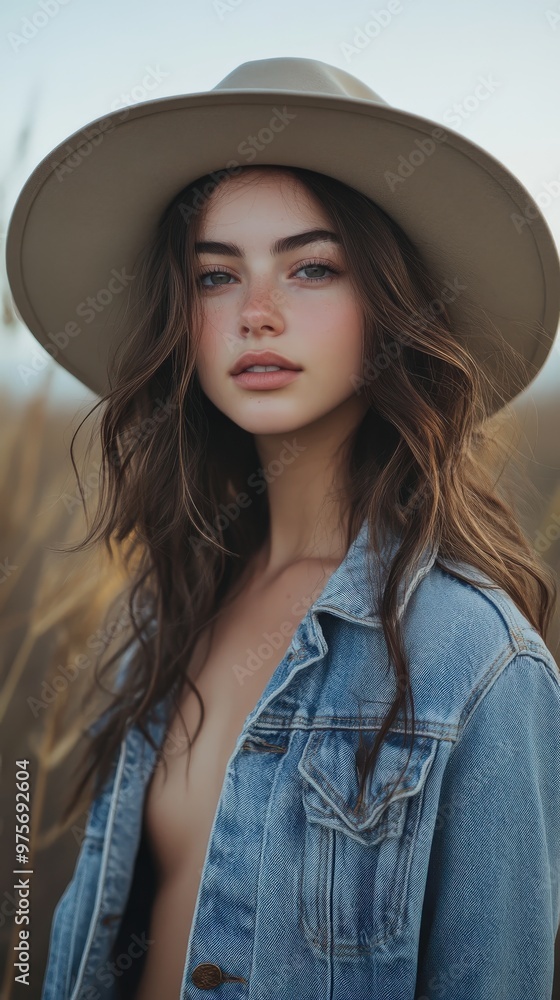 Young woman in a denim jacket and wide-brimmed hat poses in a golden field during golden hour Young woman in a denim jacket and wide-brimmed hat poses in a golden field during golden hour