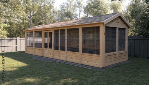 Spacious wooden animal enclosure with wire mesh in a fenced backyard, surrounded by greenery and trees on a sunny day.
 photo