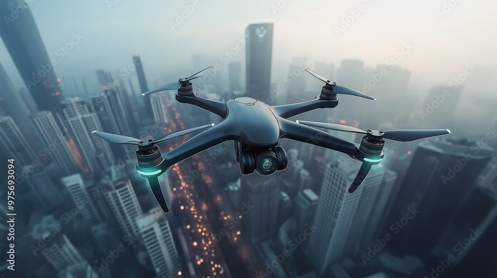 Naklejka premium Futuristic drone flying in the sky scrapers of the city
