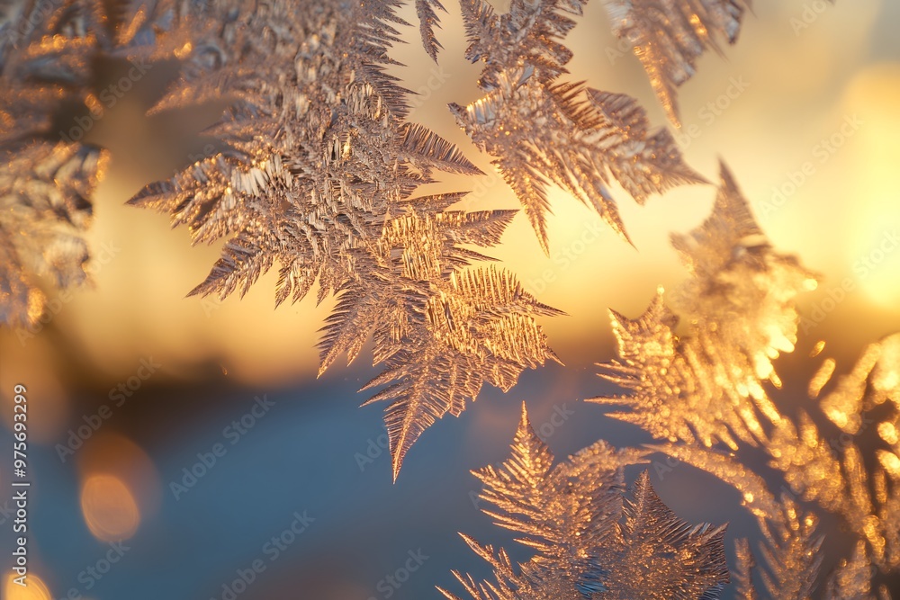 Intricate frost patterns on a window pane, illuminated by the warm glow of the setting sun. Intricate frost patterns on a window pane, illuminated by the warm glow of the setting sun.