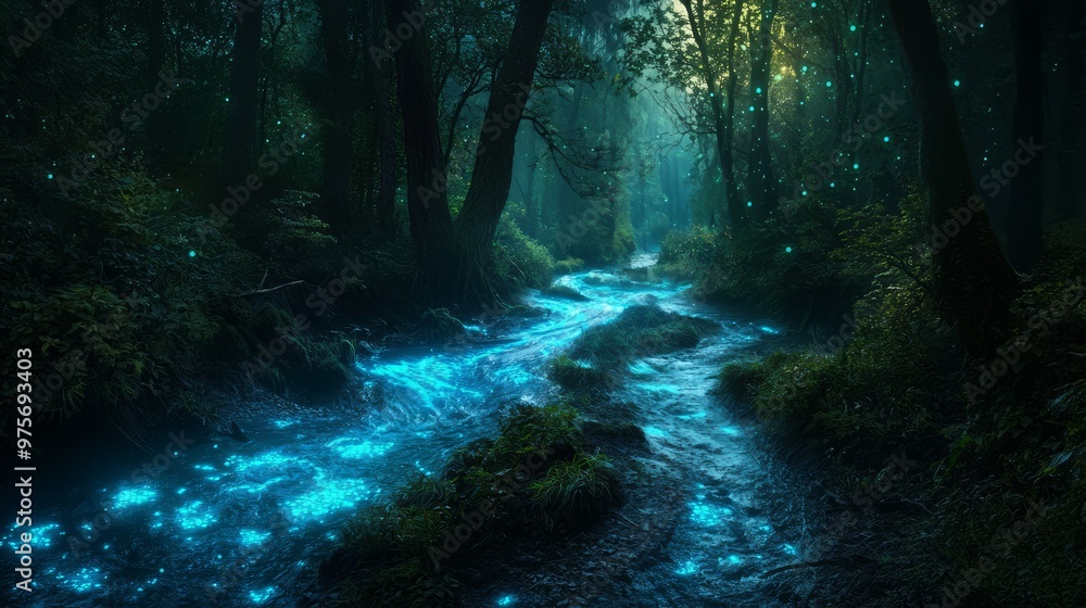 Enchanted River in Dark Forest with Bioluminescent Plants Lighting the Way Enchanted River in Dark Forest with Bioluminescent Plants Lighting the Way