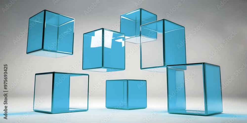elegant aesthetic design, template with copy space area, abstract glass cubes isolated on clean background, blank advertising display