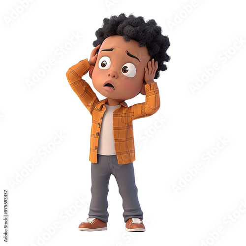 A worried cartoon boy holds his head with concern, showcasing emotions in a playful and colorful style.
