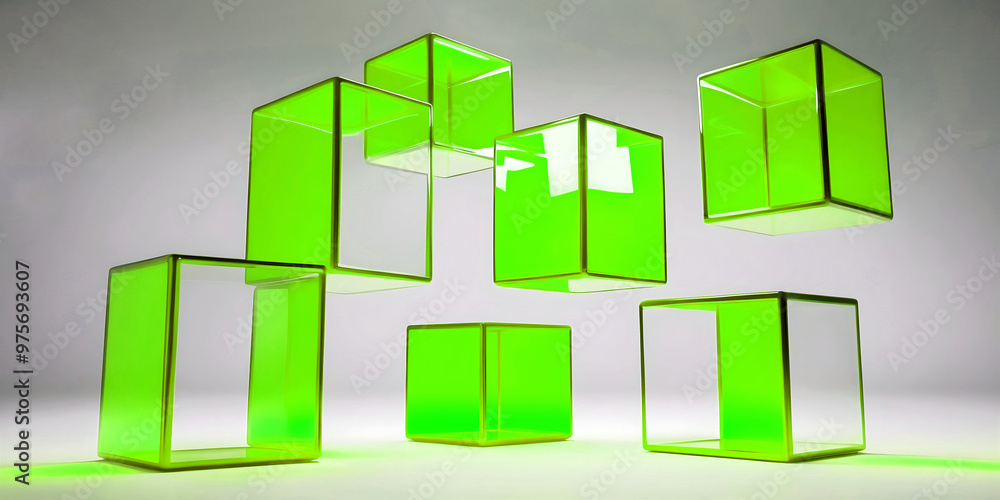 elegant aesthetic design, template with copy space area, abstract glass cubes isolated on clean background, blank advertising display