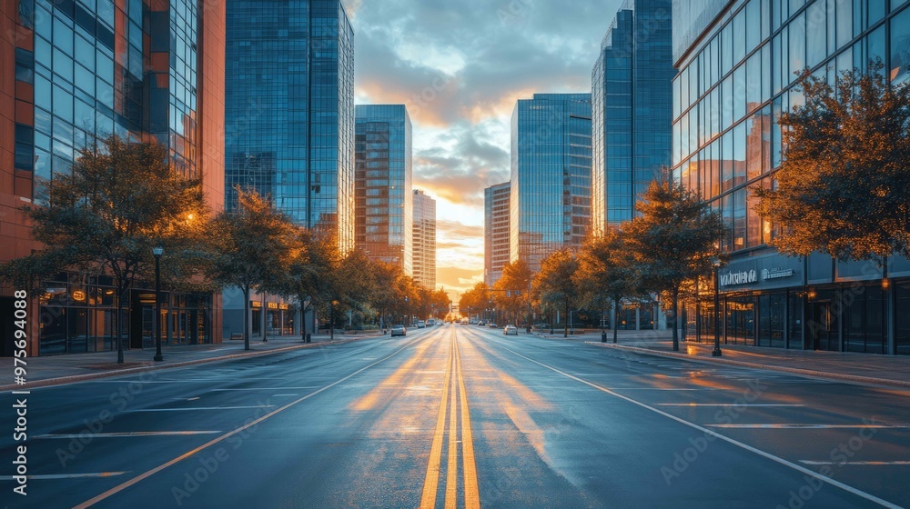 Serene Morning View of Corporate Skyscrapers Against Empty Streets Below Serene Morning View of Corporate Skyscrapers Against Empty Streets Below