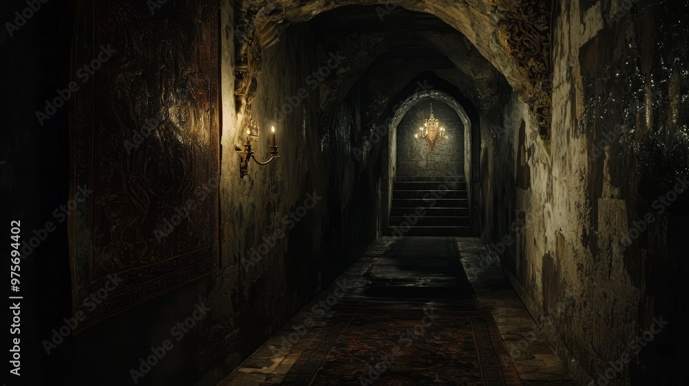 Obraz premium Enigmatic Passage Revealed: Mysterious World Behind Castle Tapestry