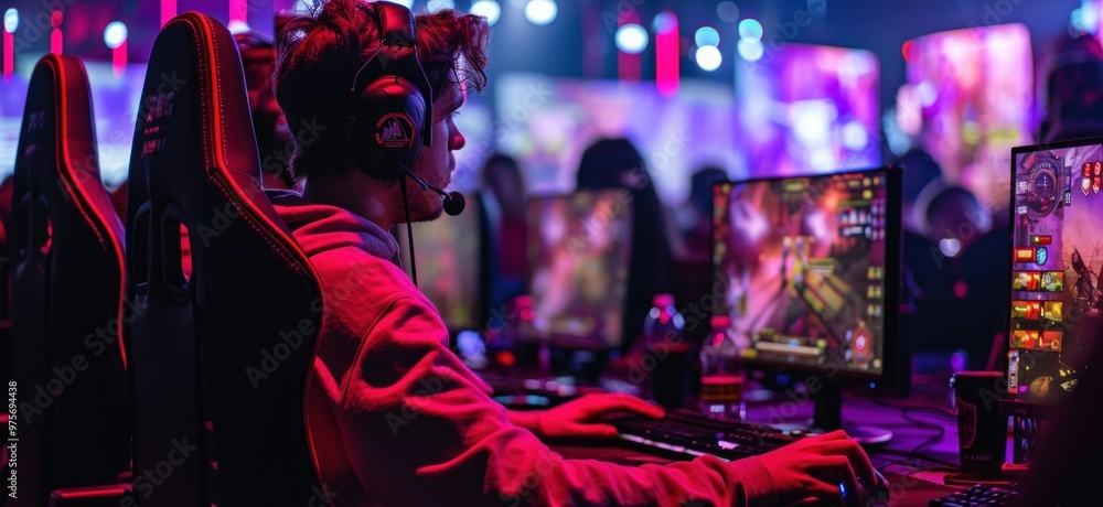 Professional Gamer Playing First-Person Shooter Online Video Game on His Powerful Personal Computer Professional Gamer Playing First-Person Shooter Online Video Game on His Powerful Personal Computer